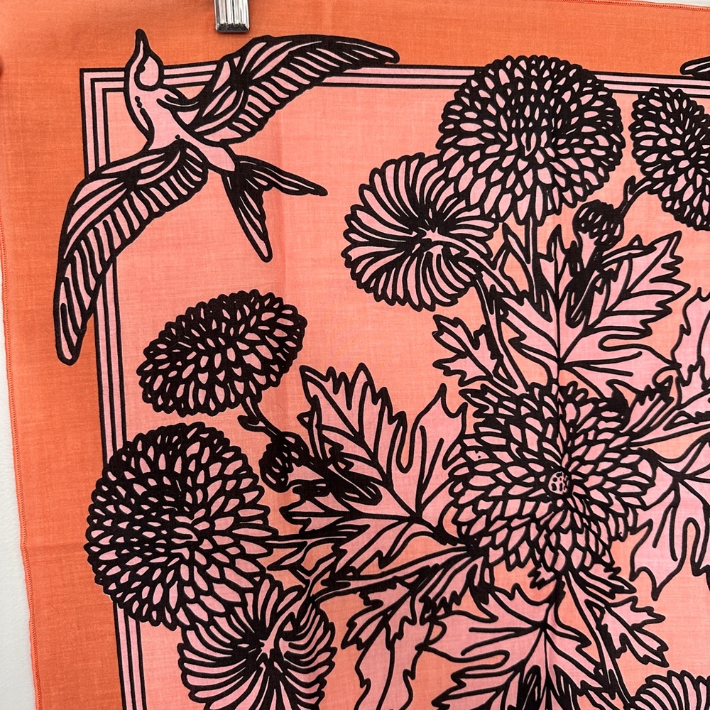 Pink Floral Cotton Bandana with Birds Swallows and Chrysanthemums; Summertime